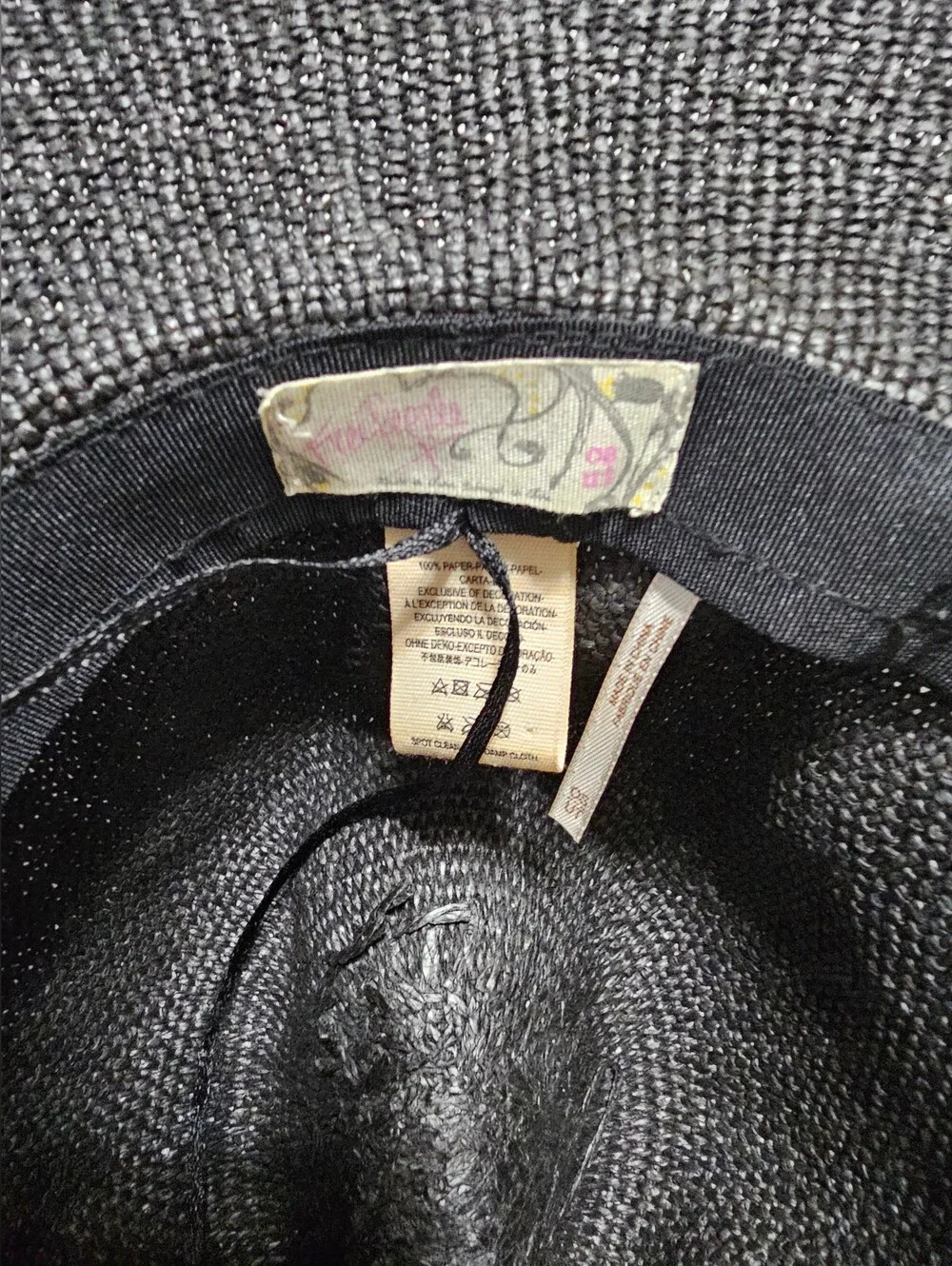 Free People Black Straw Paper Woven Sun Hat Wide Brim Rope Accent Beach One Size